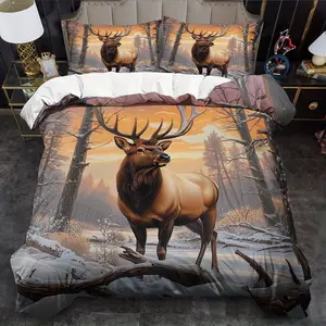 Elk Theme Duvet Cover Set - 2/3 Pieces, Soft, Comfortable, Breathable, Fantasy Animal Pattern Printed Bedding Set, Deer Printed Duvet Cover Set, 100% Polyester Fiber Machine Washable, Suitable for All Seasons, Suitable for Bedroom or Guest Room, Includes