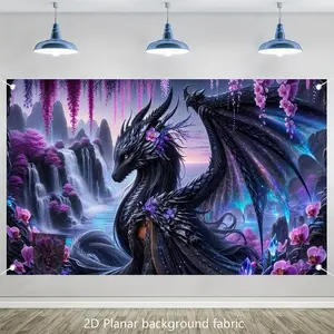 1pc 2D Flat [fantasy Dragon Tapestry] Fantasy Dragon & Waterfall Landscape Polyester Tapestry - Wall-Mounted Home Decor, Parties, Photography - Vibrant Purple & Blue Design