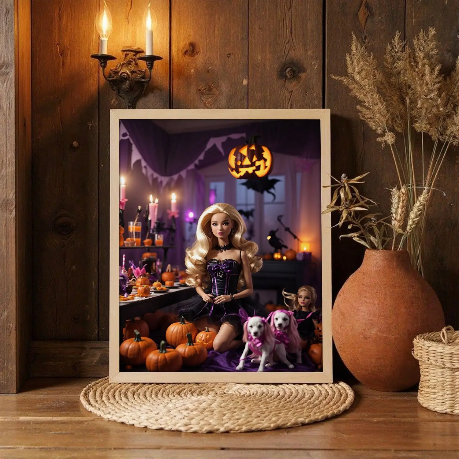 [25% OFF] [UNFRAMED] Glamorous Spooky Halloween Barbie Poster, Gothic Purple Room Doll Decor Print, Pumpkin & Cute Puppies Party Wall Art Decor