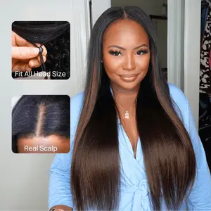 【Upgraded】Julia Hair V-part Yaki Straight Chestnut Brown Ombre Lightweight Glueless with Drawstring 16-24 Inch Machine Made 100% Virgin Hair Easy Wear