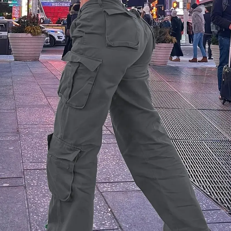Women's Solid Cargo Pants, Soft Retro Street Style Trousers in a Loose Fit with an Elastic Waist and Flap Pockets