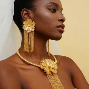 Women Exaggerated Elegant 24K Gold Plated Dubai Tassel Flower Necklace Earrings Indian Bridal Accessories Fashionable Designer Jewelry Set
