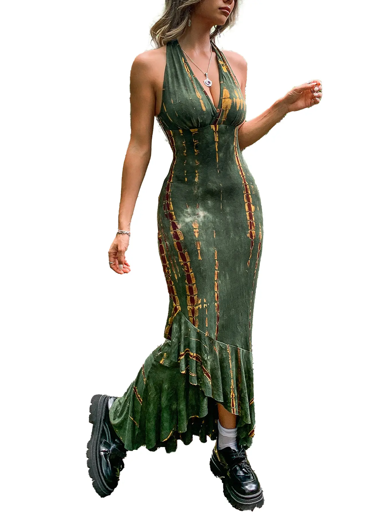 Tinya Women's Grunge Tie-Dye Halter Neck Long Sleeve Maxi Dress, Irregular  Hem Backpack Hip Casual Style
