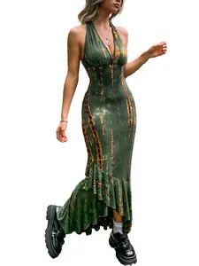 Tinya Women's Grunge Tie-Dye Halter Neck Long Sleeve Maxi Dress, Irregular Hem Backpack Hip Casual Style