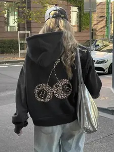 Women's Leopard & Number 8 Print Drop Shoulder Long Sleeve Thermal Lined Hoodie Piece, Fashion Casual Drawstring Pocket Hooded Sweatshirt for Daily Holiday Outdoor Wear, Ladies Clothes for Fall & Winter Tops, Womenswear