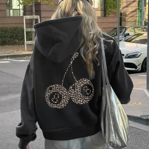 Women's Leopard & Number 8 Print Drop Shoulder Long Sleeve Thermal Lined Hoodie Piece, Fashion Casual Drawstring Pocket Hooded Sweatshirt for Daily Holiday Outdoor Wear, Ladies Clothes for Fall & Winter Tops, Womenswear