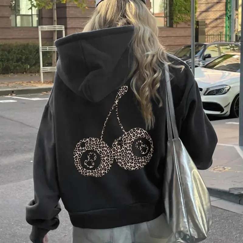 Women's Leopard & Number 8 Print Drop Shoulder Long Sleeve Thermal Lined Hoodie Piece, Fashion Casual Drawstring Pocket Hooded Sweatshirt for Daily Holiday Outdoor Wear, Ladies Clothes for Fall & Winter Tops, Womenswear