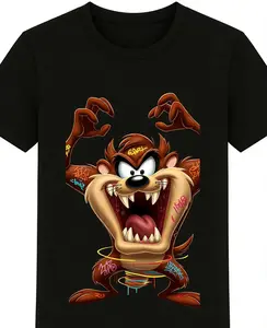 Men's Plus Size Cartoon Taz Graphic Tee - Stylish Black Short Sleeve Shirt Featuring Aggressive Tasmanian Devil Design, Perfect for Casual Wear or Gifts