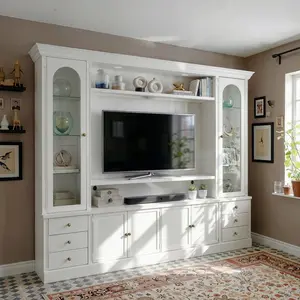 FUFU&GAGA 101.7" Wide White Entertainment Center with Glass Cabinets, Built-in LED Lights, and Storage Drawers for TVs Up to 75"