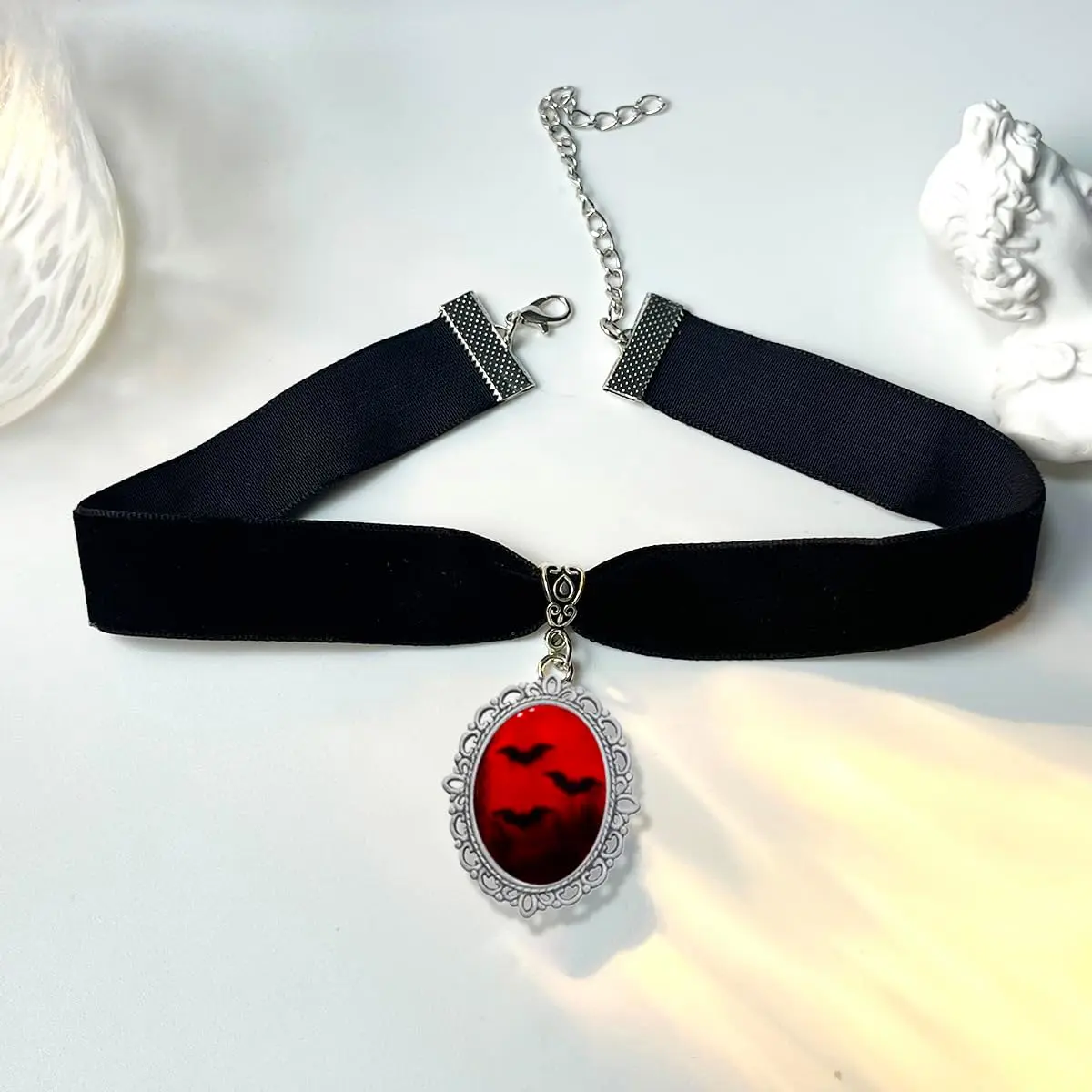 Gothic Bat Velvet Choker Necklace with Red Cabochon Cameo Pendant for Women, Vampire Jewelry for Halloween, Witch Costume & Renaissance Festival, Bats, 1.18 Inches, Gothic Charms, Dark Gothic