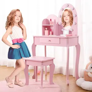 Vanity with Light,Pink Girls Vanity Set with Mirror, Stool Drawer and Pretend Makeup Playset,Pink