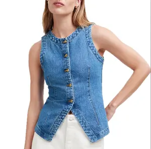 Summer New Sleeveless Slim Fit Denim Vest Women’s Round Neck Waistcoat Tank Top