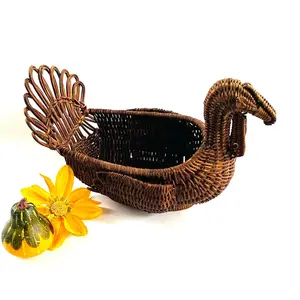 Vintage Rattan Wicker Turkey Basket: Decorative Thanksgiving Table Decor