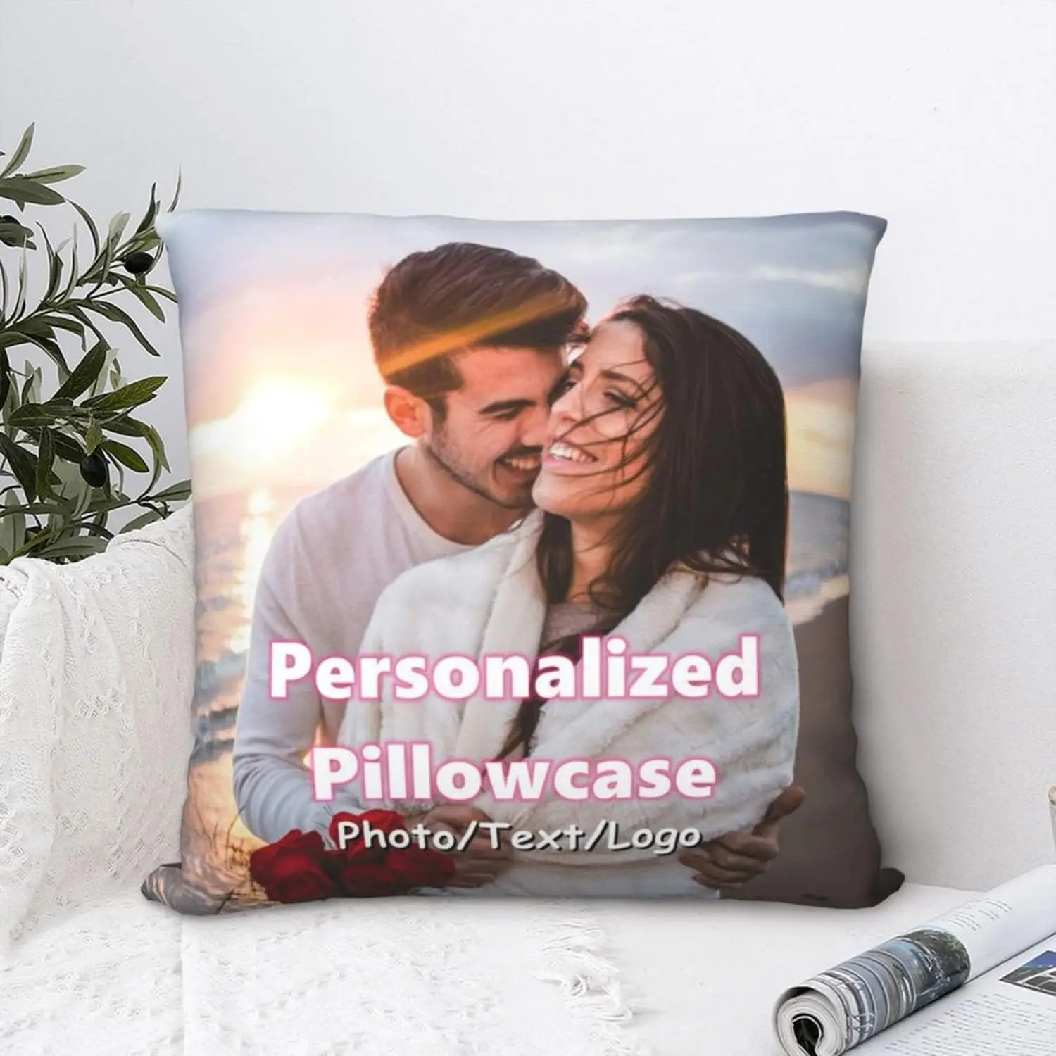 Customised Photo Pillowcase - 45x45 cm, Soft Texture Durable Cushion Cover with Hidden Zipper, 1-Side Print, Personalised Text for Birthday, Valentine's Day