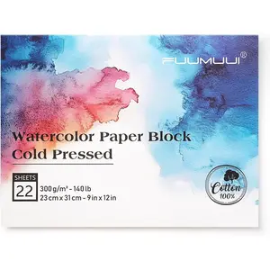 Watercolor Paper Block 9x12 Inch, 100% Cotton Paper Pad, 22 Sheets, Cold Pressed, Acid-Free, 140 lb/300gsm for Painting, Drawing, Art Journaling, Professional Artist Quality