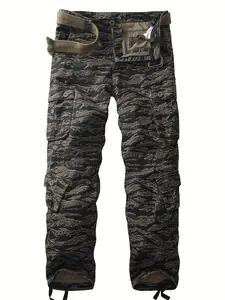 8-Pocket Camo Outdoor Pants for Men - Durable Cotton, Multi-Pockets, Loose Fit, Perfect for Hiking and Camping (No Belt) Men's Loose Menswear Trouser