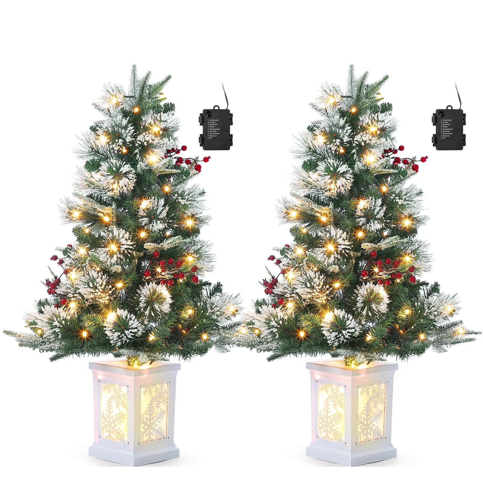 3FT Pre-Lit Potted Flocked Arctic Fir Artificial Christmas Tree - PVC Foliage, Snowflake White Stand, 2PCS Box Insert Battery-Powered Ornaments, Timer, 78 LED Lights, Energy-Efficient, Holiday Outdoor Decor, Premium After-Sales Service, Batteries