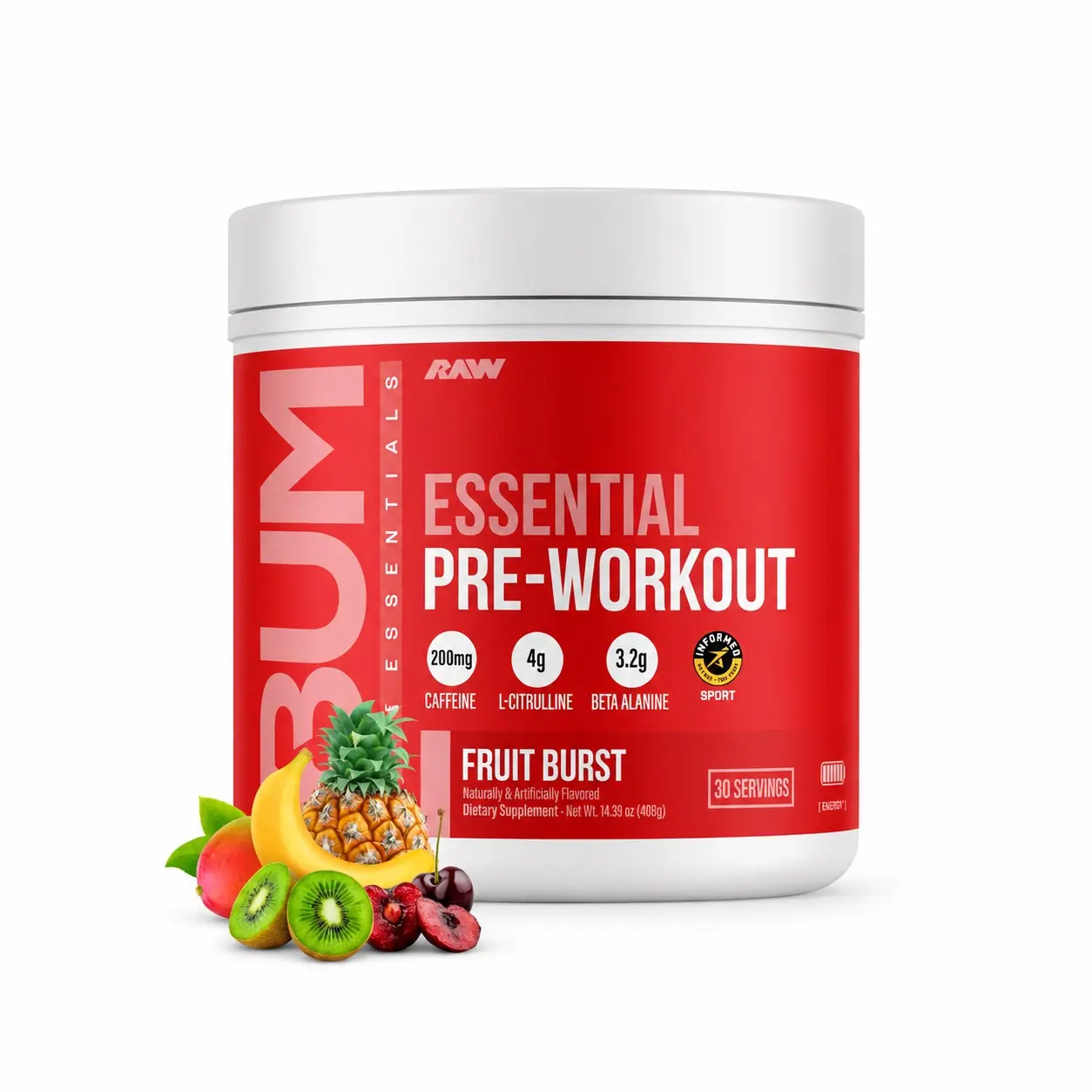 RAW Nutrition Essential Pre-Workout Powder - Fruit Burst Flavor, 30 Servings, Energy Boost, High Caffeine, Informed Sport Certified Fitness Supplement
