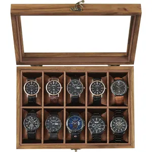 Watch Box, 10-Slot Watch Case, Solid Wood Watch Box Organizer with Gl Lid, Watch Display Case with Removable Pillows, Gift for Loved Ones, Rustic Walnut UJOW100K01