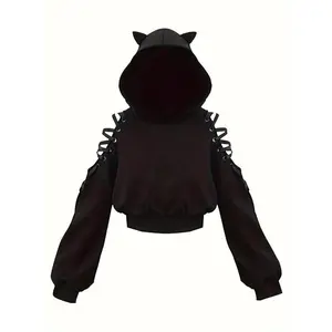 Style Black Cat Ear Hoodie - Elastic Polyester Knit, Tie Detail, Ribbed Cuffs, Machine Washable, Comfortable for All Seasons