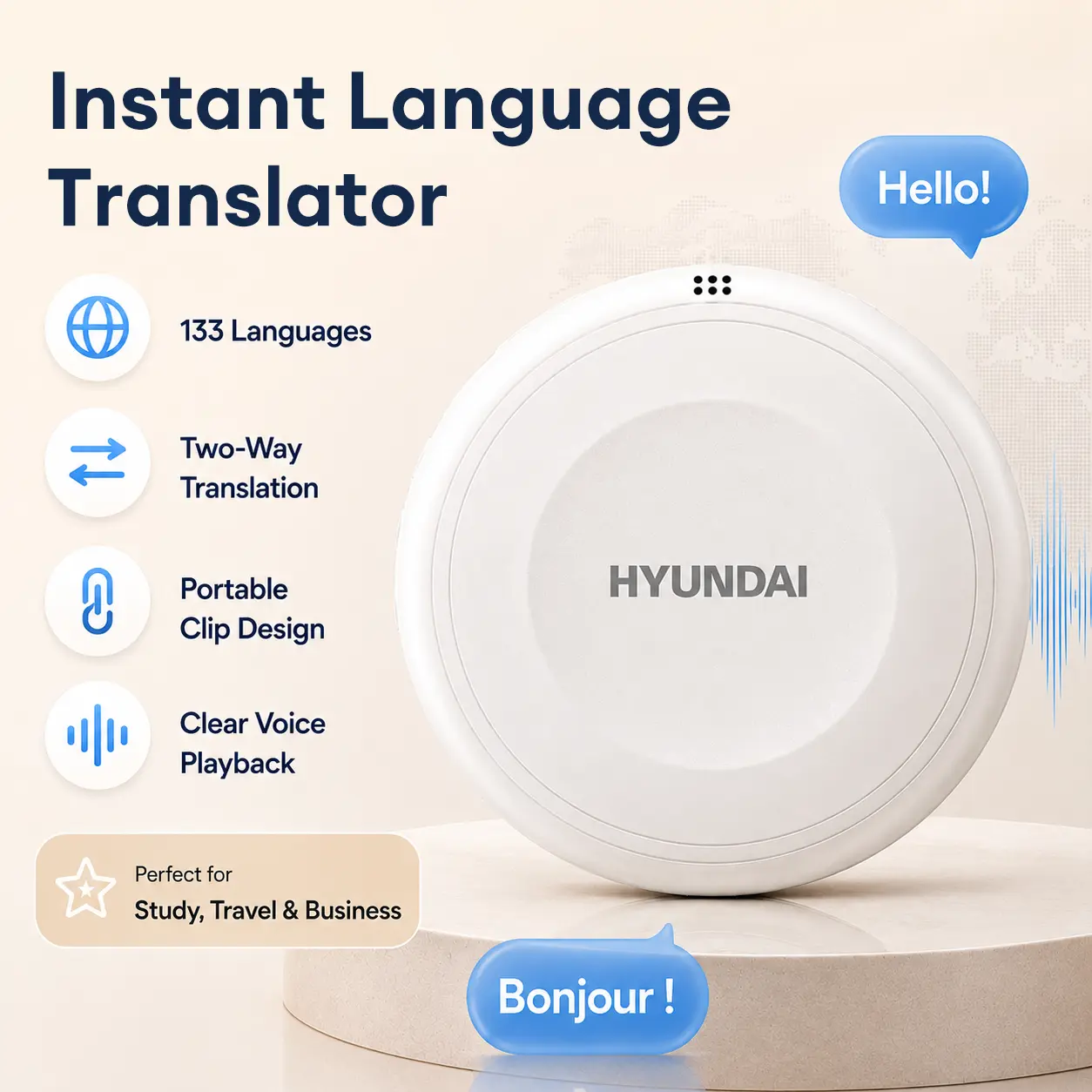 HYUNDAI TS1 Smart Translator & Learning Companion Speaker, Supports 133 Languages, AI Voice Interaction for Language Practice, Travel, Business & Family Learning, Portable Audio Companion for Kids & Adults