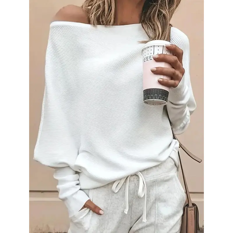 Women's Plain Asymmetrical Hem Boat Neck Batwing Sleeve Sweater, Casual Long Sleeve Jumper for Spring & Fall, Women's Knitwear for Daily Wear