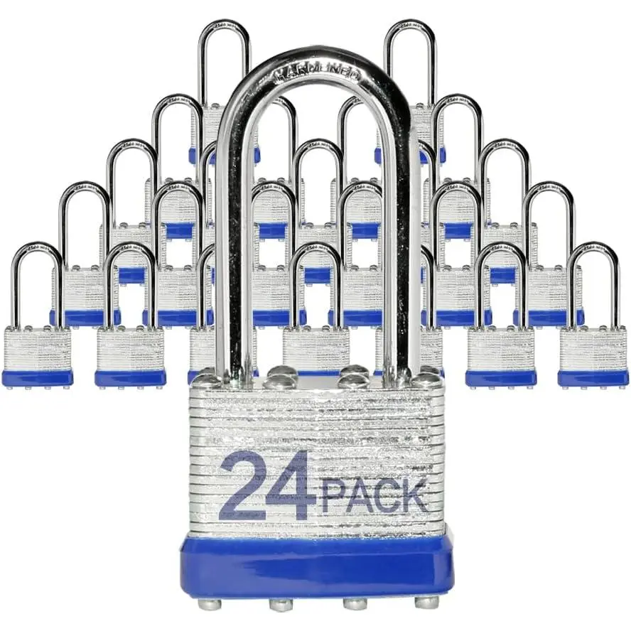 Laminated Padlocks 24 Pack Blue Keyed Alike Long Shackle 40mm for Hasp Latch Sheds Fences Lockers Schools Gyms High-Quality Construction