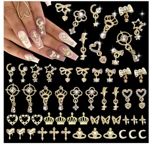 old Nail Charms and Gems, Gold Dangle Star Bows Nail Gems Charms, Metal Crown Heart Butterfly Charms for Acrylic Nail Art Alloy Cross Nail Charms