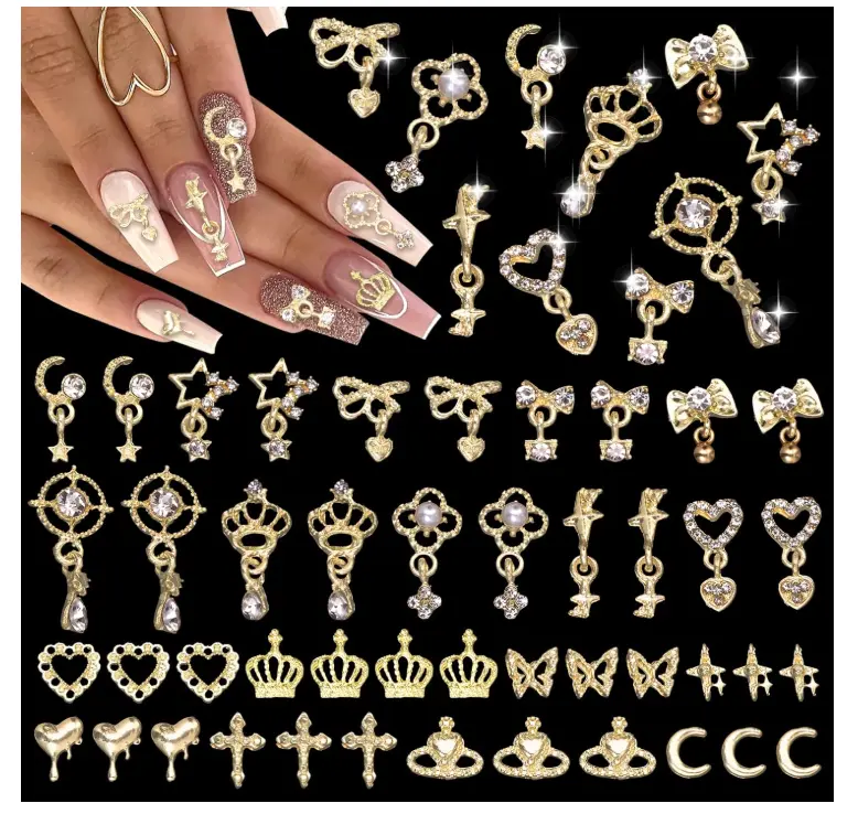 old Nail Charms and Gems, Gold Dangle Star Bows Nail Gems Charms, Metal Crown Heart Butterfly Charms for Acrylic Nail Art Alloy Cross Nail Charms