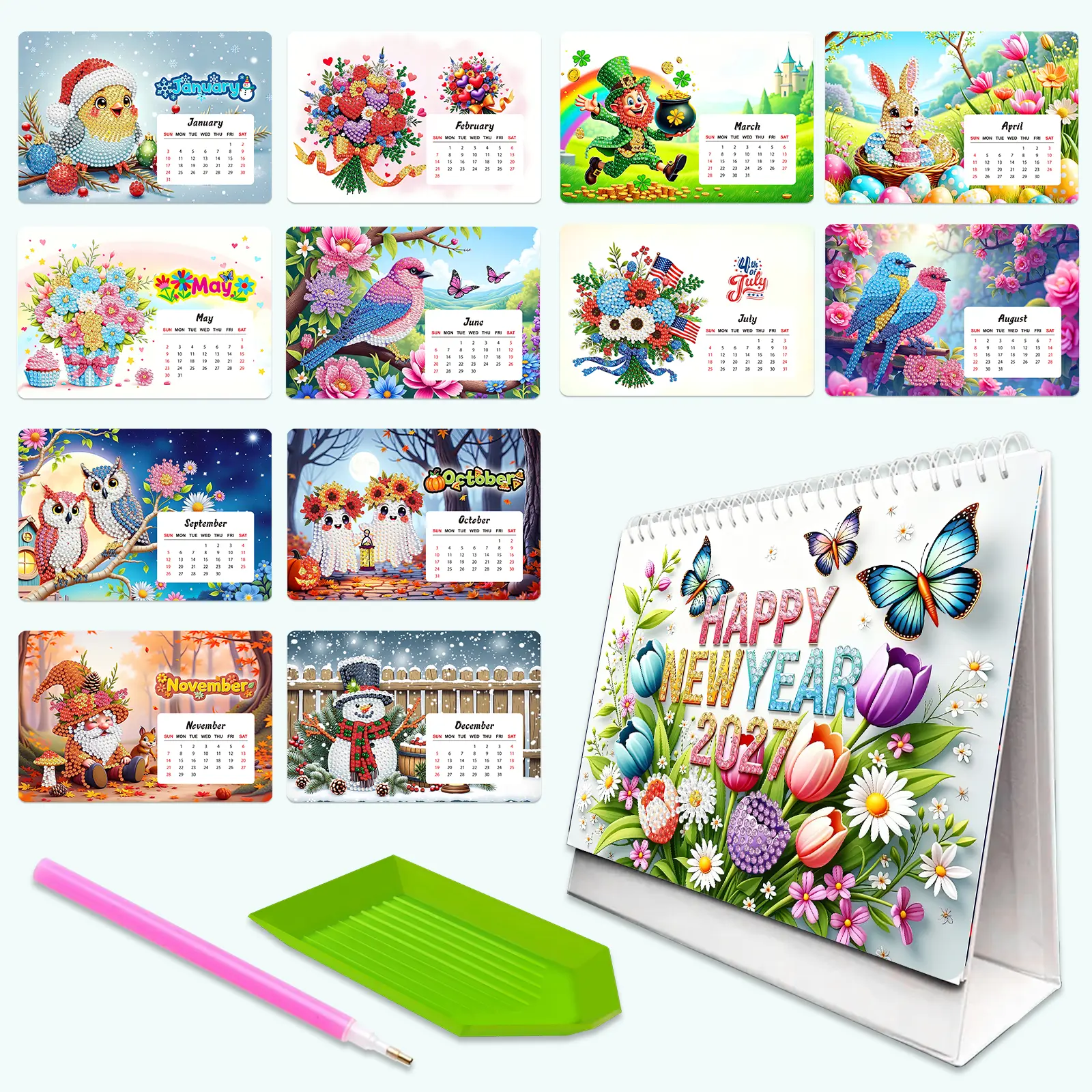 2027 New Arrival Mixed Character Diamond Painting Desk Calendar Kit - 12-Month DIY Rhinestone Table Calendar with Diamond Pattern Design, Birds, Owls, Snowman, Leprechaun, Desktop Decor, Handmade New Year Gift
