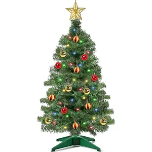3 Ft Green PVC Christmas Tree with 50 Multi Color Lights DIY 15 Ball Ornaments 3D Star Small Artificial Xmas Tree for Indoor Holiday Party Decorations