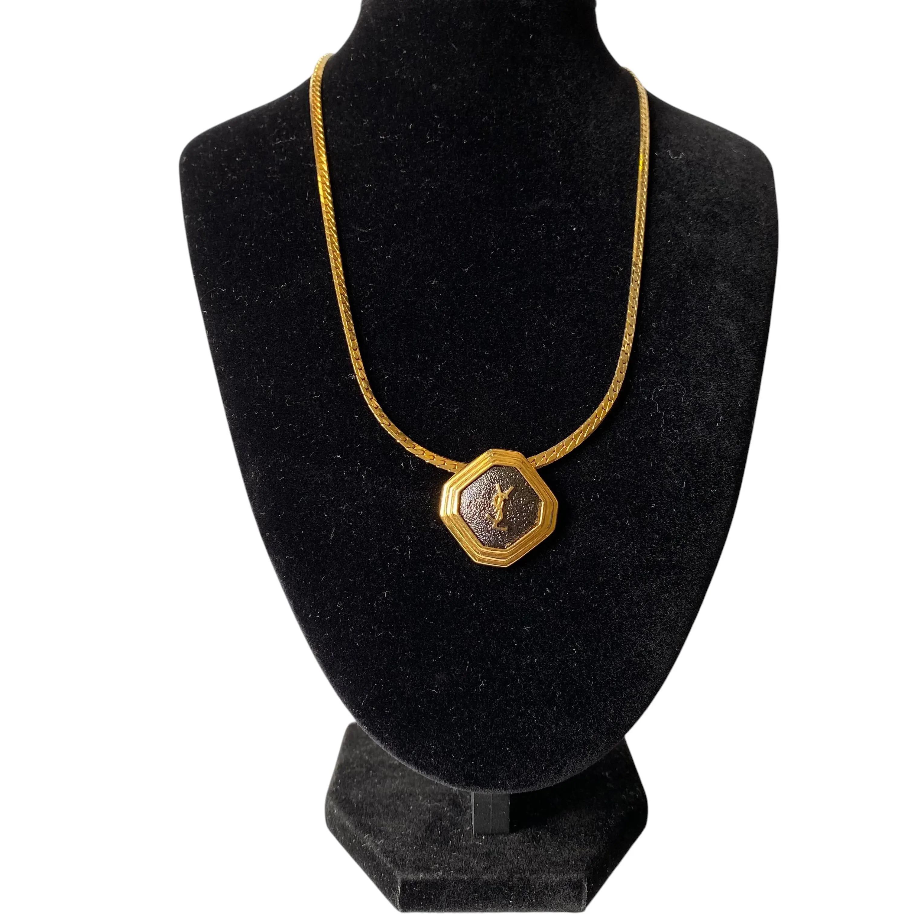 Pre-owned FINAL SALE NO RETURN NO CANCEL Yves Saint Laurent YSL logo 1 inch pendant gold plated adjustable necklace Authentic with COA