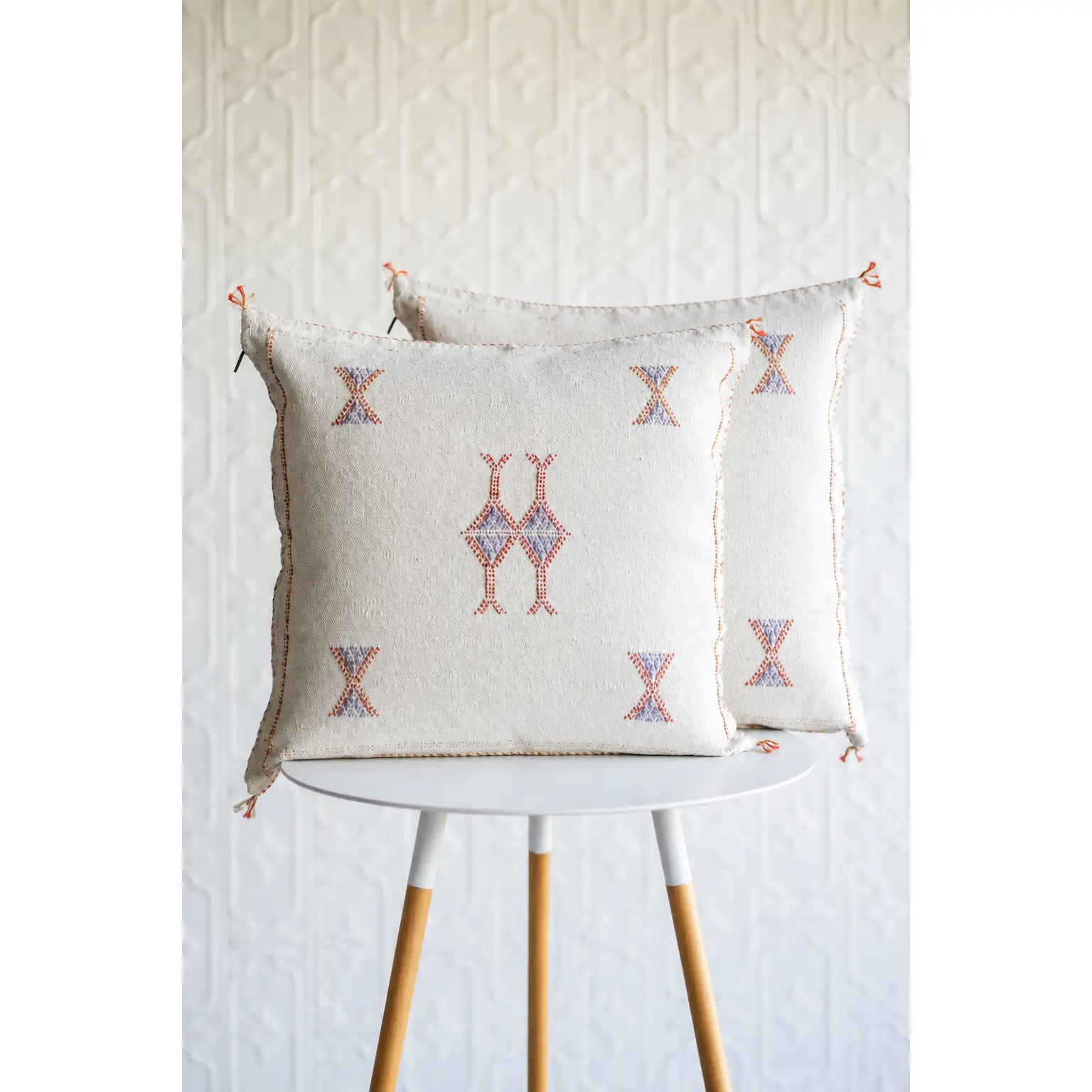 Set of 2 - White Embroidered Moroccan "Sabra Cactus Silk" Pillow - 110