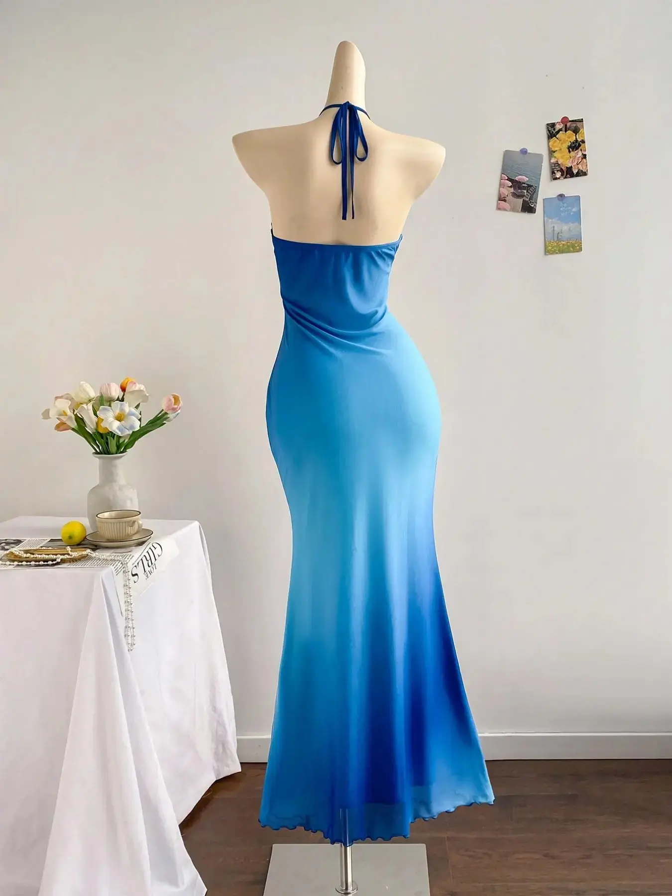 Women's Halter Neck Strap Mermaid Maxi Dress, Coquette Romantic Chic Chiffon Lightweight Formal Gown, Elegant for Wedding Guest & Vacation