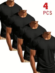 4 Pcs Sporty Round Neck T-Shirts, 4-Pack, Comfortable and Elastic, Versatile Design, Men's Sport Short Sleeves, Modern Fit, Stretchy Fabric