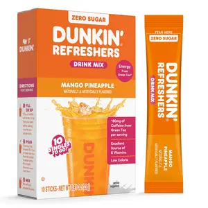 Dunkin’ Zero Sugar Refreshers Singles To Go! Powdered drink mix packets, Mango Pineapple,10 packets per box Energy from Green Tea, aspartame-free, no synthetic colors, naturally and artificially flavored, just add water