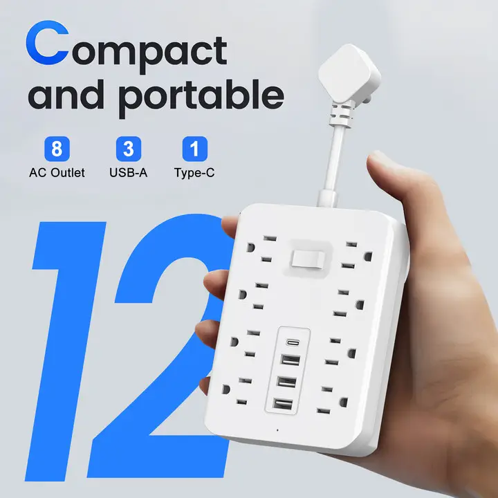 12-in-1 Power Strip with Surge Protection And One-Touch Control Switch - 8 AC with 4 USB Ports ( 1 Type-C) - Wall-Mountable Extension Cord for Office,