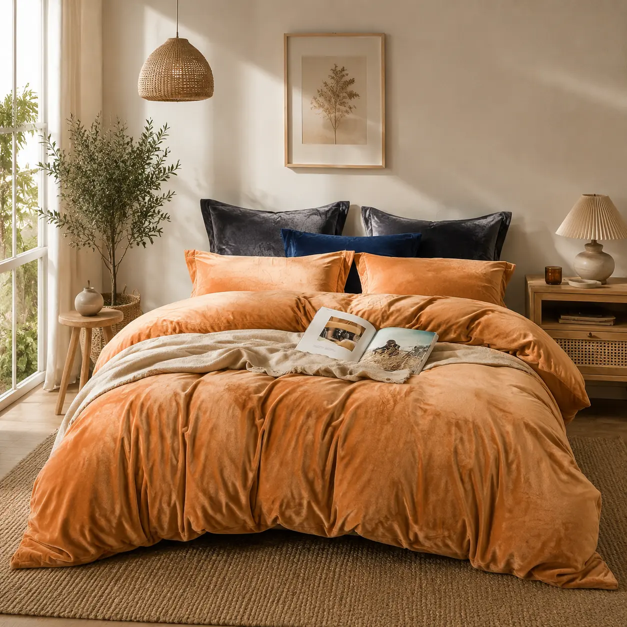 Minimalist Camel Velvet Duvet Cover Set, Ultra-Soft Flannel Comforter Cover, Zipper Closure, Cozy Luxury Bedroom Bedding Set, Minimalist Duvet Cover Sets