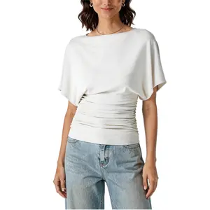 Songling Summer Tops for Women Casual Ruched Waist Tunic Batwing Sleeve Boat Neck Solid Shirt Office Lounge Corset Top Blouse