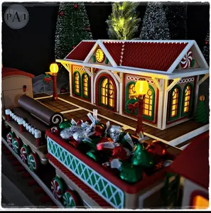 Christmas Village-3 buildings, train with tracks and train station