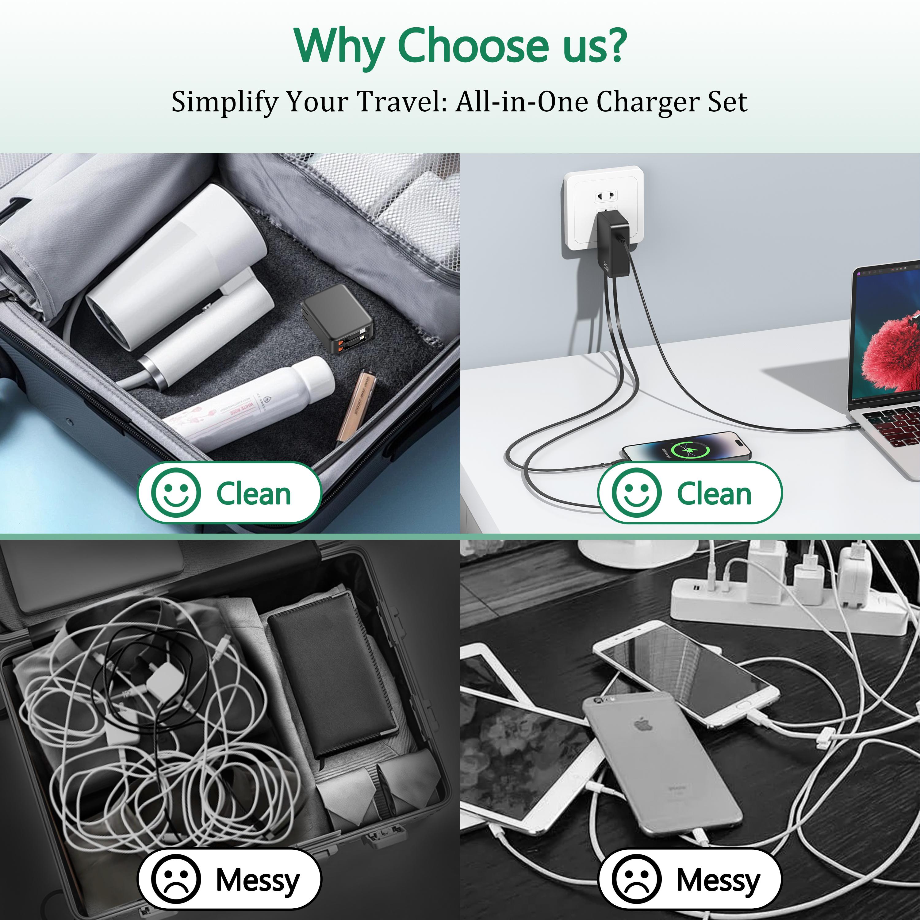 35W Retractable Wall Charger with Dual Cables & 3-Port USB Hub, Fast Charging for iPhone 16/15/14/13/12/11, iPad, Tablets, LG, Samsung & More