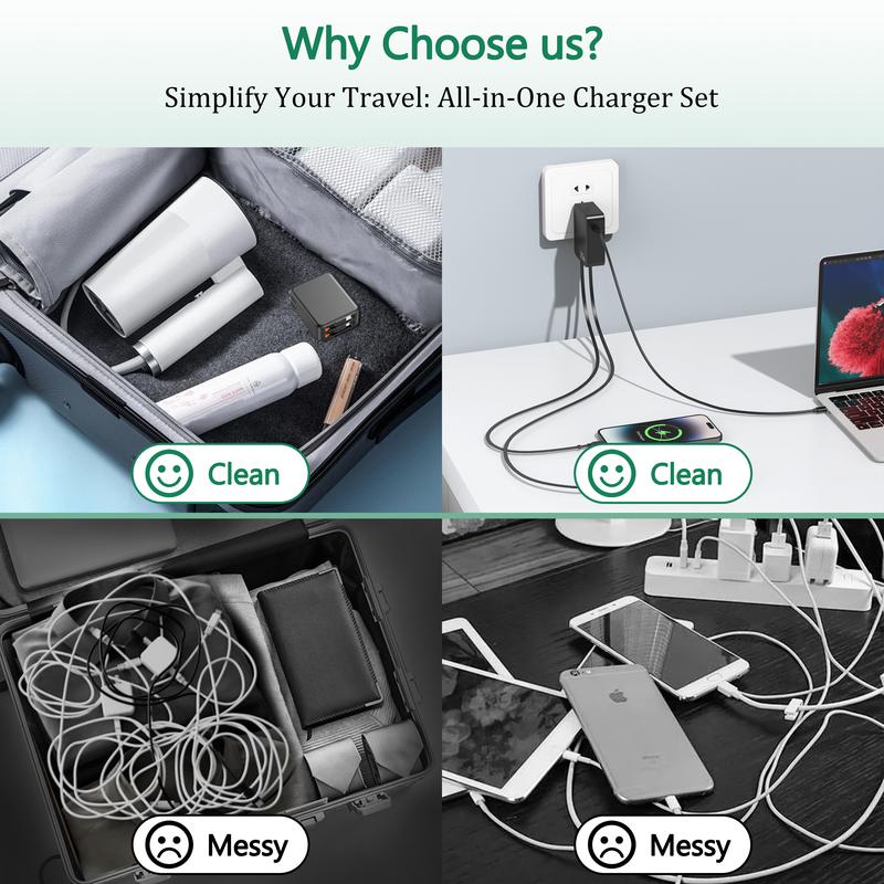 35W Retractable Wall Charger with Dual Cables & 3-Port USB Hub, Fast Charging for iPhone 16/15/14/13/12/11, iPad, Tablets, LG, Samsung & More