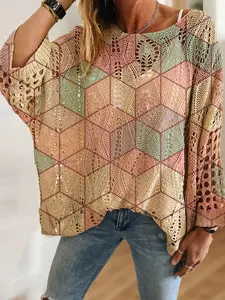 Women's Geometric Patchwork Colorblock Print Long Sleeve Batwing Knit Hollow Out Top, Casual Elegant Vacation Style Sweater, Valentine's Day Fashion