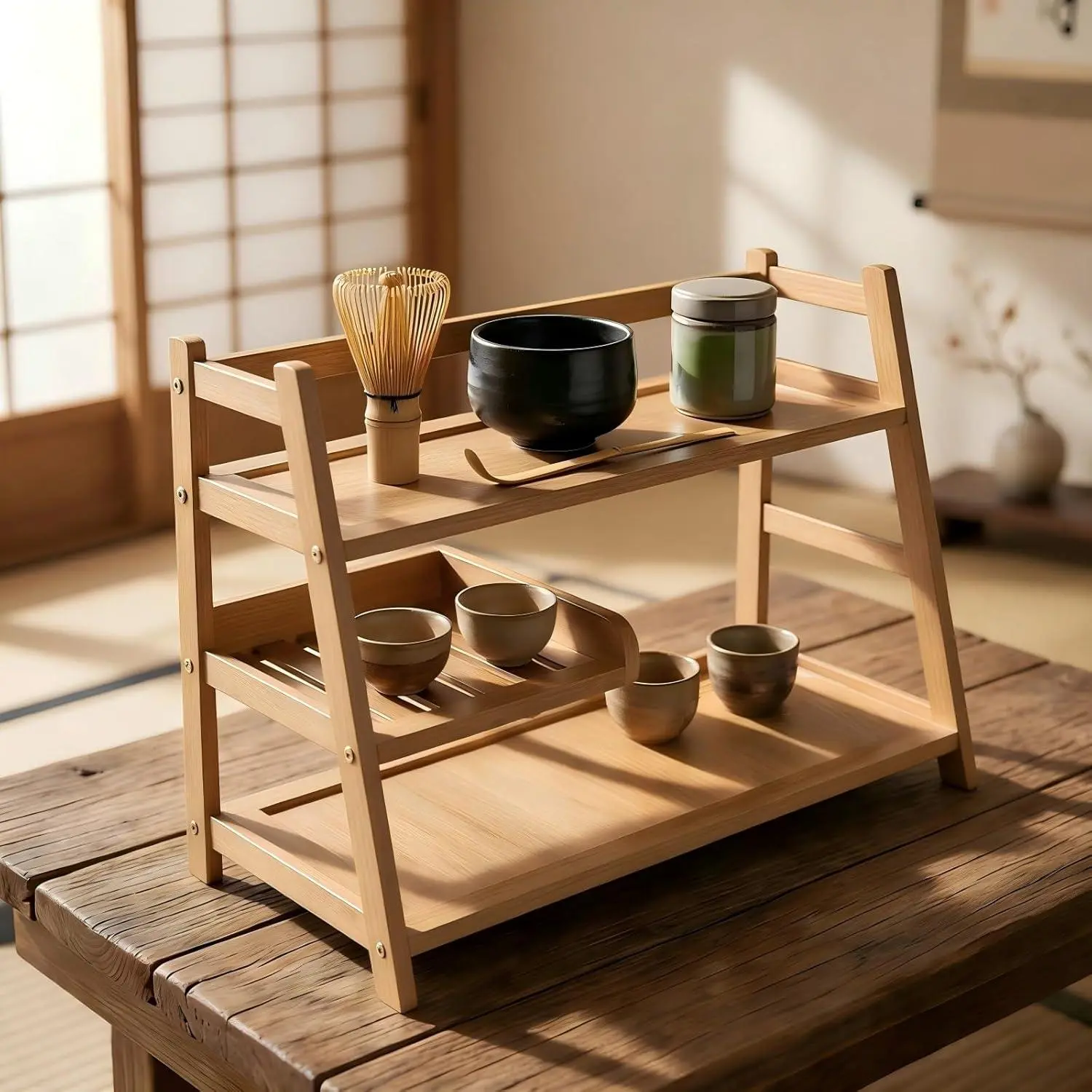 3 Tier Bamboo Matcha Station, Coffee Station Organizer Shelf for Kitchen Countertop, Tea Bar - Matcha Powder, Tools & Cup Organizer for Matcha Lovers, Home Baristas.