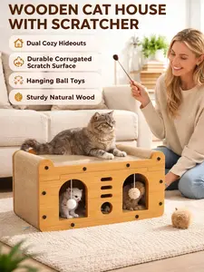 Dual-Door Cat Scratcher Lounge & Hideaway Scratching Station Houses, Sturdy Wood Frame, Corrugated Surface, Anti-Slip Base, Pom-Pom Toys, Easy to Clean for Scratching, Resting