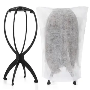 2 Pack Foldable Wig Stand with 2pcs Wig Dust Bag, Travel Wig Head Stand Holder for Women, Multiple Wigs Styling, Hair Length Under 40cm