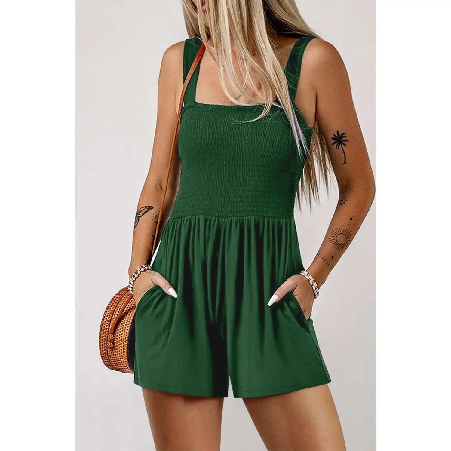 Green Casual Pocketed Smocked Sleeveless Romper