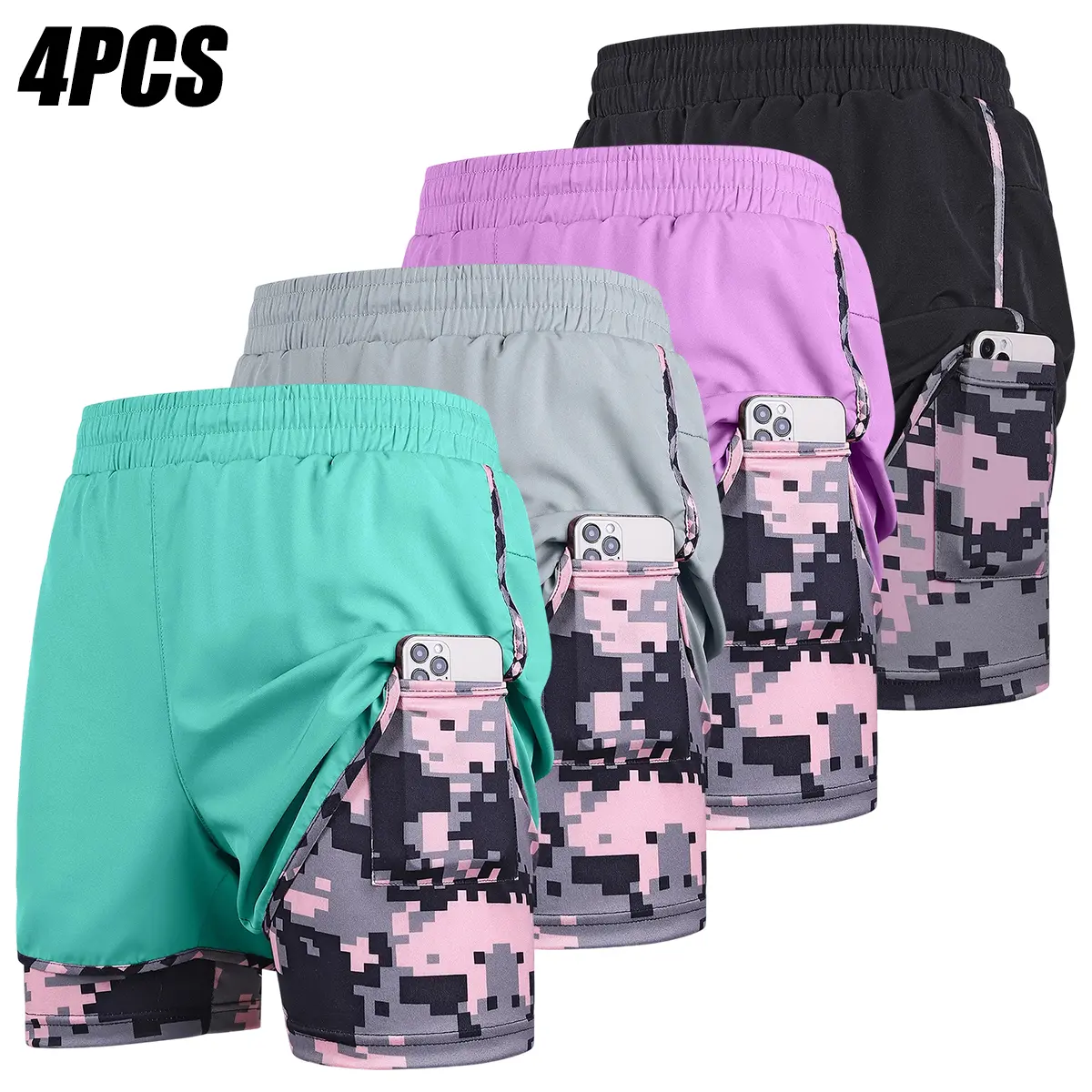 Women's Fashion Polyester Quick-Dry Breathable High-Stretch Tie Drawstring Athletic Shorts, Double-Layer Camouflage Lining, Anti-Exposure Design, Loose Fit for Fitness, Running