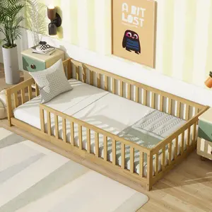 Twin Size Floor Bed with Fence and Slats, Rubber Wood Platform Bed with Safety Guardrails without Door