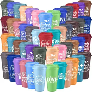 50 Sets Teacher Appreciation Gifts Bulk 16oz Thank You Coffee Cup with Lid Straw Reusable Plastic Tumblers Graduation End of Year Gift for Teacher (16oz, modern)